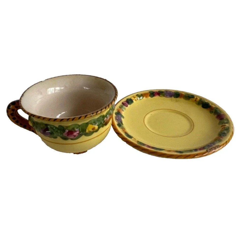 Vtg BITOSSI Italy Della Robbia Coffee Set Cups Saucers Sugar Hand Painted Yellow